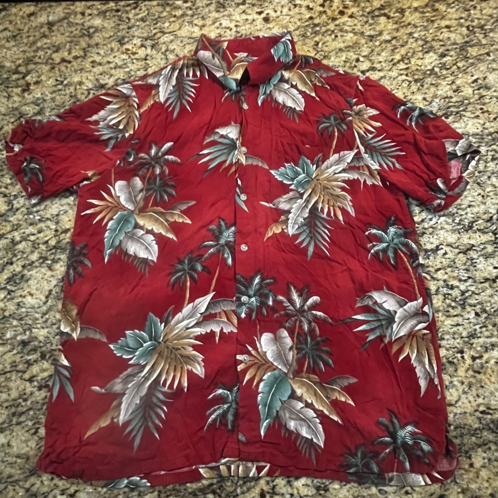 Croft & Barrow Mens Large Red Tropical Palm Tree Rayon Button Up Aloha Shirt